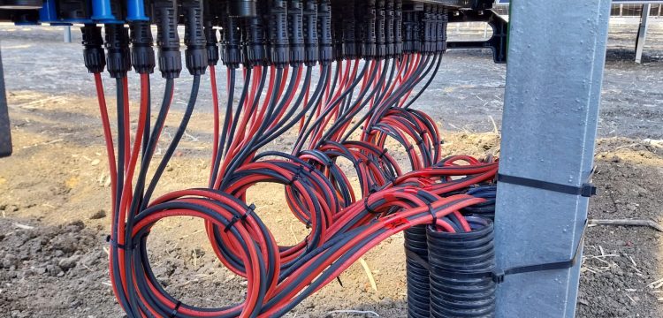 Gestão e organização de cabos elétricos em corrente contínua (DC) sob estrutura de central fotovoltaica, com conectores padronizados, amarração adequada e controlo de curvaturas.
